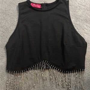 Black Sleeveless Top with Rhinestone Fringe